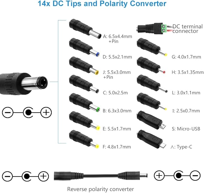 SHNITPWR 48W Universal Power Supply 9V 12V 15V 17V 19V 20V 24V Adjustable Variable AC/DC Adapter with 5.5x2.5mm Tip 100V-240V AC to DC Converter 9V~24V 0.8A 0.5A 1A 1.2A 1.5A 1.8A 2A Max with 14 Tips