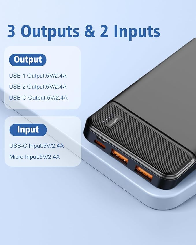 5V 2A Power Bank Battery Pack for Heated Jacket & Vest, Portable Charger 10000mAh, Ultra Slim with USB-C Input/Output, Compatible for Smartphones & Tablets, Gifts for Men Women. (Black)