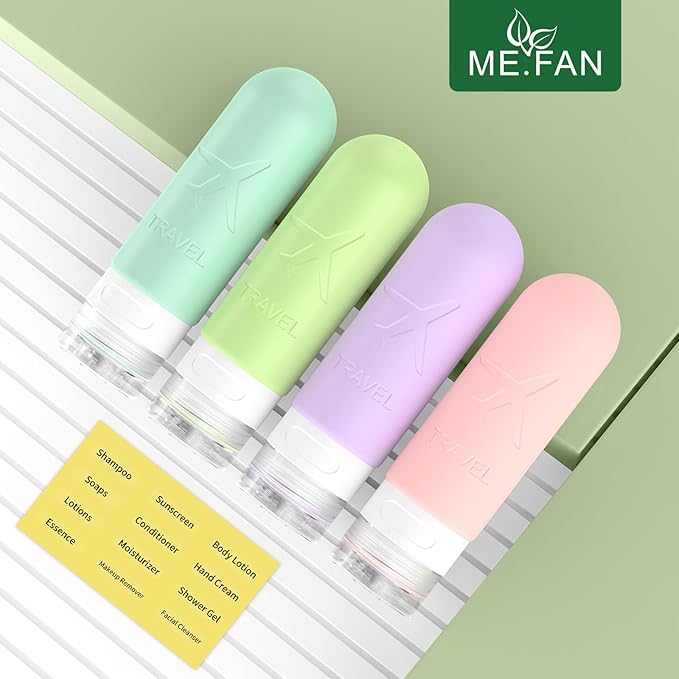 ME.FAN Travel Bottles for Toiletries, TSA Approved 3oz Travel Size Containers, Silicone Squeezable Portable Split Bottle, Travel Accessories for Conditioner, Shampoo, Lotion- 4 Pack Bright