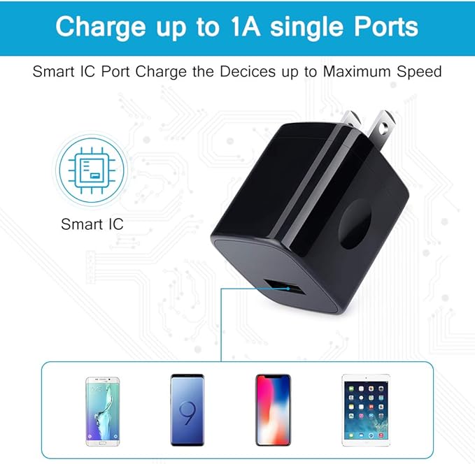 Wall Charger Cube,1A/5V Single Port USB Plug 3 Pack Travel Black Charging Block Box Adapter Compatible Phone,Samsung Galaxy S24 S23 A21 A51 A71 S20 S10 S9 S8,A10e,Note20/10,Moto G7 G6,LG Stylo 6/5/4