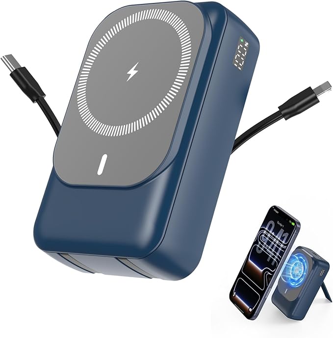 Magnetic Wireless Power Bank 26800mAh, PD 22.5W Type-C Fast Charging Portable Charger 5 Outputs, Battery Pack for Magsafe Built in 2 Cables with Stand LED Display for iPhone 17/16/15/14/13/12-Blue
