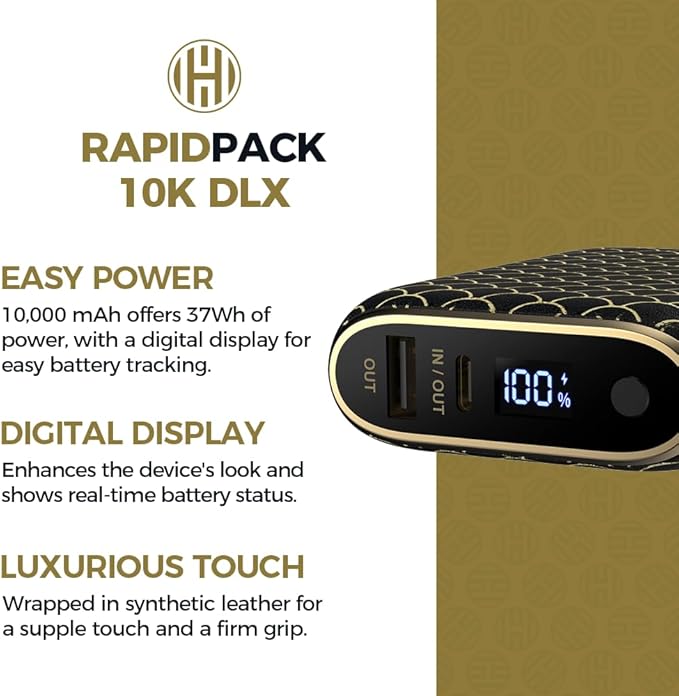 Halo RapidPack 10K DLX Power Bank | USB & USB-C Fast Charging for Multiple Devices, Smart Phones & Tablets, Synthetic Leather Wrapped, Portable Battery Charger, TSA Air Travel Approved — Black