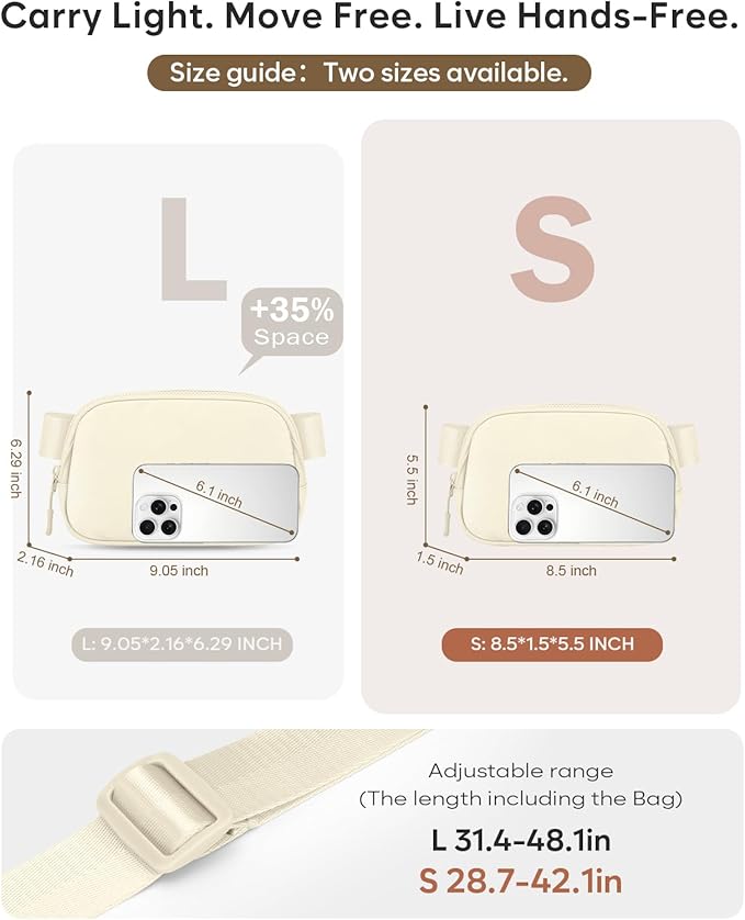 Pritent Fanny Packs for Women Cross Body Bag Waterproof Belt Bag with Adjustable Strap and Zipper Back Pocket Small Crossbody Bags Fashion Waist Packs for Workout Travelling(Ivory)