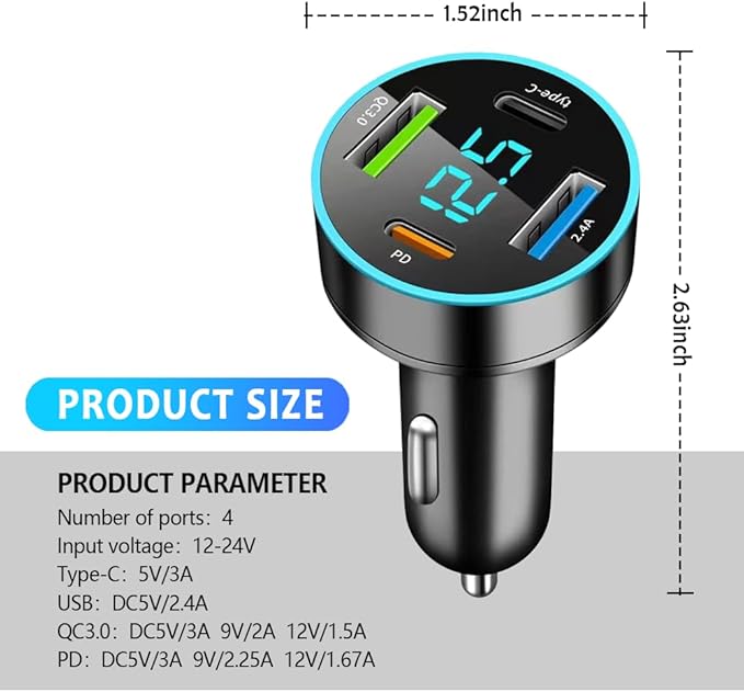 4 Ports Fast Car Charger,[Upgrade Voltmeter Display] PD+QC3.0+USB C Car Charger for 12-24V Cigarette Lighter Plug,Car Phone Charger Compatible with iPhone/Android/Samsung/iPad (QC3.0+Type-C+PD+2.4A)