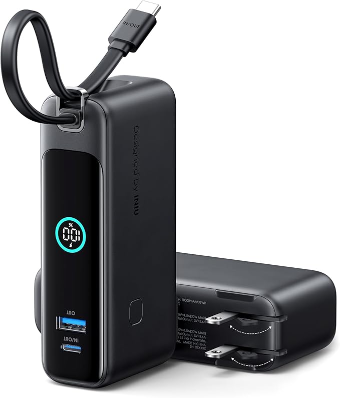 INIU Portable Charger, 10000mAh 30W Fast Charging Power Bank, Built-in USB C Cable and Foldable AC Plug, Travel Essentials Battery Pack for iPhone 16 15, Samsung S25 S24, MacBook
