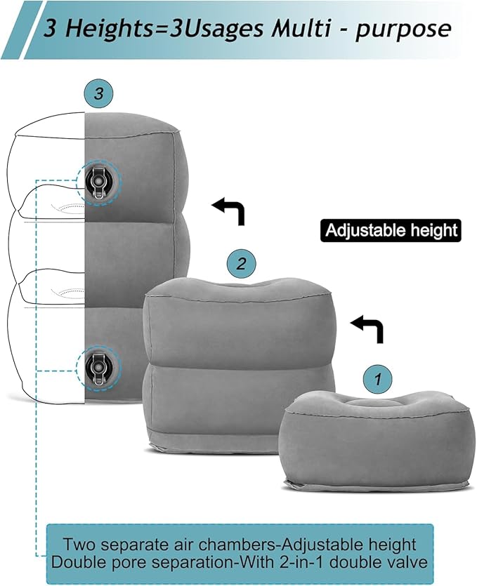 Inflatable Foot Rest Pillow, Kids Airplane Bed, Adjustable 3 Layers Height Leg Rest Pillow, Airplane Travel Essentials Great for Office, Home, Trains, Cars