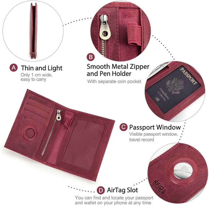 CONTACTS Full Grain Leather Passport Holder RFID Blocking Travel Passport Wallet Compatible with Airtag Passport Cover Case with 4 Cards Slots, Coin Pocket (Badge, Wine Red)