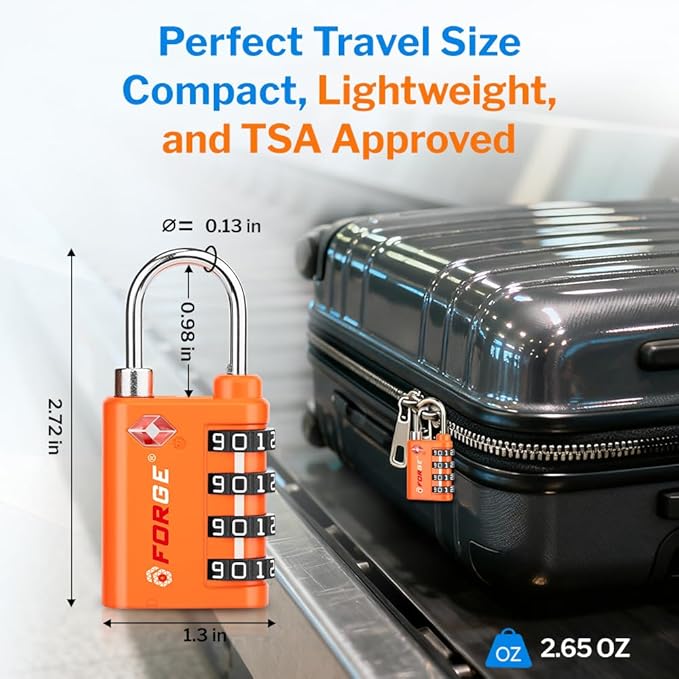 Forge Dual-Opening: Key or Combination Lock, TSA Approved Lock for Luggage, Pelican case, Travel, Gym, School, Luggage Combination Lock, Travel Bag Lock (Orange 2 Locks and 2 ID)