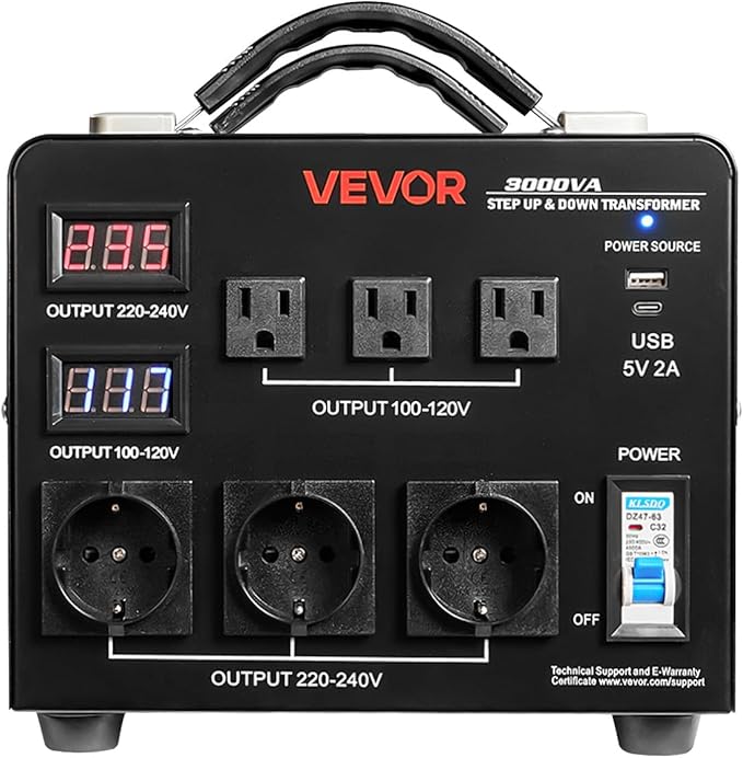 VEVOR Voltage Auto Converter Transformer, 3000VA, Heavy Duty Step Up/Down Power Transformer, 110V to 220V and 220V to 110V, with 3 US Outlets, 3 EU Outlets, LCD Display, Circuit Breaker Protection