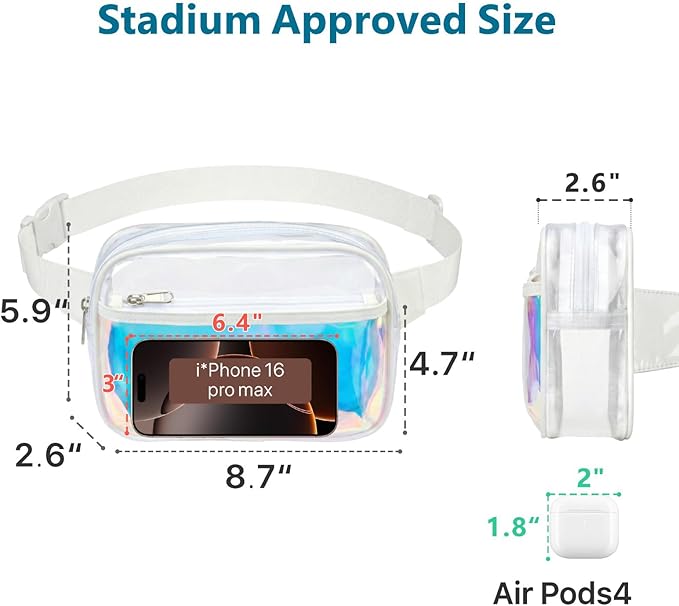 Veckle Holographic Fanny Pack for Women - Plus Size 35-51 Inch Iridescent Clear Belt Bag, Adjustable Crossbody Waist Bag for Concert, Festivals, Raves, Theme Parks, White