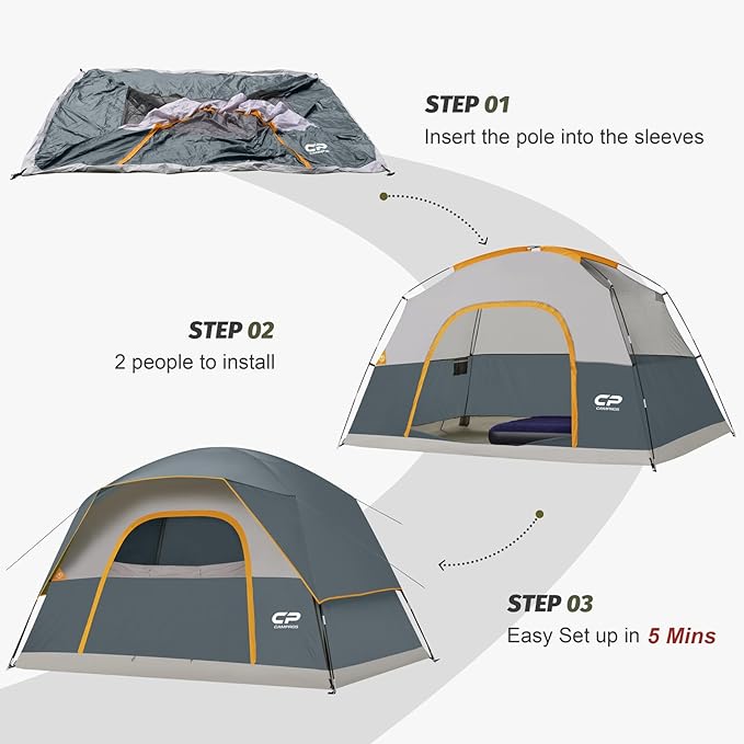 CAMPROS CP Camping Tent 2/4/6 Person, Waterproof Windproof Double Layer Dome Tent, Easy Setup with Large Mesh Windows & Wide Door for Outdoor Camping Backyard