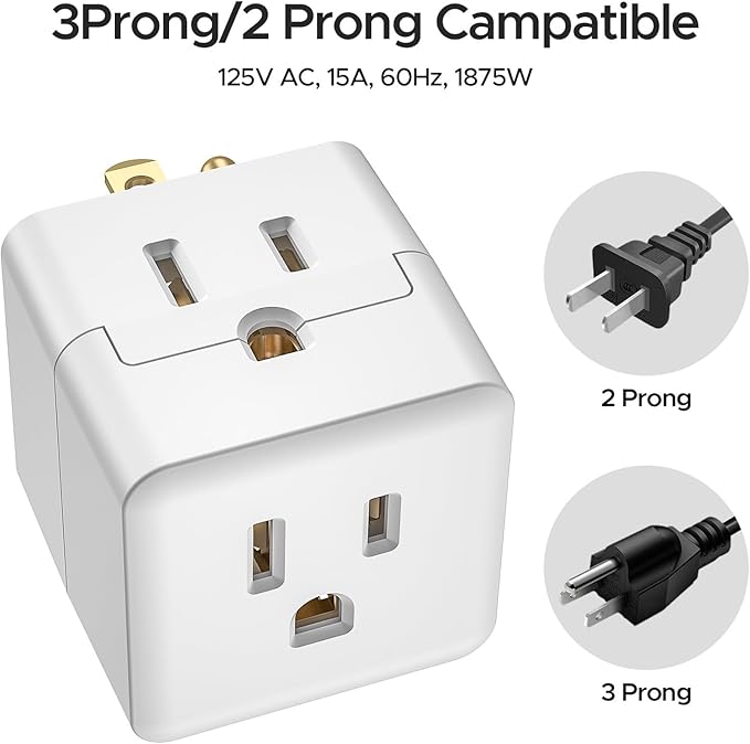 [ETL Listed] 3-Pack 3 Outlet Wall Adapter, Grounded 3-Prong Cube Tap Outlet Power Splitter, Compact 3-Way Plug Adapter for Home, Office or Travel.
