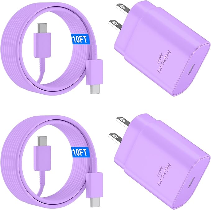 USB C Android Charger Fast Charging Cord, Super Fast Phone Chargers 10FT C to C Type Cable with 25W USBC Wall Block for Samsung Galaxy S26 S25 S24 Ultra Plus/S23/S22/S21/S20/Note 20/10, Purple