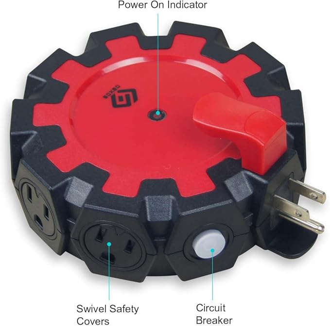 OSKOS 8-Grounded-Outlet Power Hub with Swivel Safety Cover (UL Certified), Outdoor Use, Resettable 15A Circuit Breaker, 25FT Extension Cord with Locking Outlet (ETL Listed). Combo Pack.