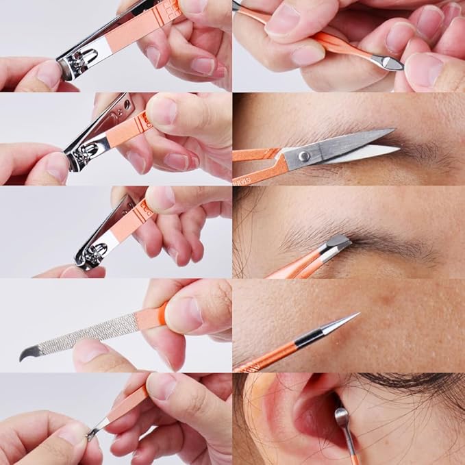 HANTEKAS Manicure Set 10 in 1 Stainless Steel, Nail Clippers Scissors Pedicure Tools Kit - Portable Travel Grooming Kit for Men and Women with Leather Case (Rose gold)