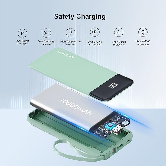 Portable Charger Built-in Cables,10000mAh Power Bank for iPhone,Fast Charge USB C Battery Pack Travel Essentials Slim Lightweight Powerbank Compatible with iPhone 17/16/15/14, Samsung, Android, etc