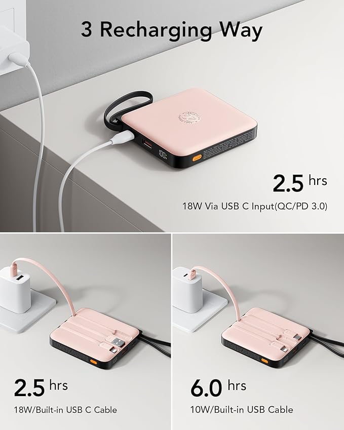 VRURC Portable Charger for iPhone Built-in Cables, 22.5W USB C Fast Charging 10000mAh Pocket Power Bank, Battery Pack for iPhone 17 16 & Samsung Galaxy S26 S25 etc Android, Pink(1 Pack)