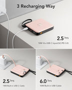 VRURC Portable Charger for iPhone Built-in Cables, 22.5W USB C Fast Charging 10000mAh Pocket Power Bank, Battery Pack for iPhone 17 16 & Samsung Galaxy S26 S25 etc Android, Pink(1 Pack)