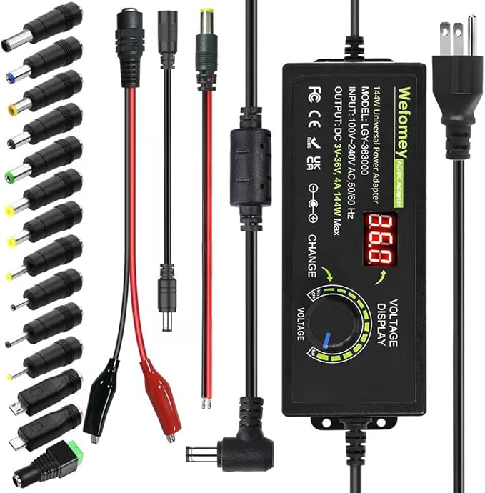 Universal Power Supply 3V~36V 4A 144W Adjustable Variable 3V 5V 6V 9V 12V 15V 18V 20V 24V 30V 36V Switching AC/DC Adapter Charger, 100V-240V AC to DC Converter with 14 Tips, Polarity Converter