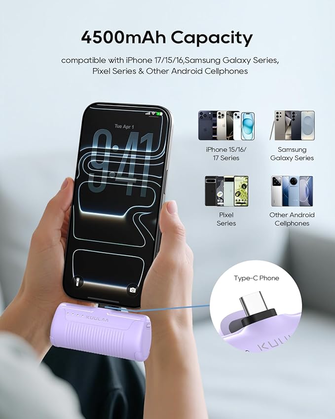 Kuulaa 2 Pack Portable Phone Charger with Built-in USB-C Plug, 4500mAh Mini Portable Charger Power Bank Small Battery Pack for iPhone 15/16/17,Samsung
