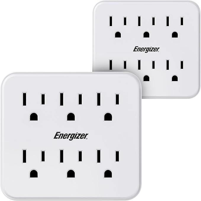Energizer 2 Packs of 6 Device Multi Plug Wall Outlet Extender (6) AC Power Outlets Grounded Power Strip Expander Outlet Splitter Plug in Adapter