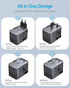 Universal Travel Adapter, VINTAR 35.5W International Power Adapter with 3 USB A QC and 2 USB C PD, All in One Plug Adapter Worldwide Travel Essentials for EU/UK/USA/AUS(Type C/G/A/I), Silver