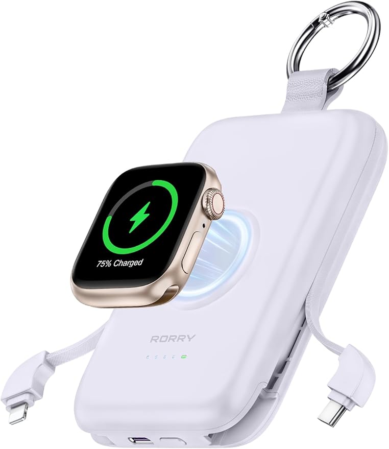 RORRY CharmGo Portable Charger, 10000mAh 20W Fast Charging Portable Charger Power Bank with Built in Cables, Travel Battery Pack for iPhone 17/16/15/14/13/12 and Apple Watch, Purple