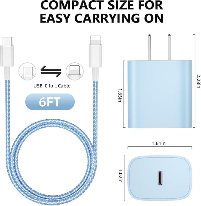 Phone Charger Fast Charging, 4 Pack 20W USB C Wall Charger Block with 6FT Charging Cable Type C Fast Charge Block Compatible with Phone 14/14 Pro Max/13/13 Pro/12/12 Pro/11/11 Pro/XS, Pad and More