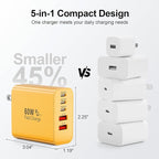 USB C Charger Block, 60W 5-Port Type C Charger Fast Charging Block, USBC USB Multiple Port Wall Charger Plug Adapter for iPhone 17/Air/16/15/14/13/12/11 Pro Max, Samsung Galaxy, iPad, Tablet (Yellow)