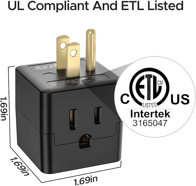 [ETL Listed] 3-Pack 3 Outlet Wall Adapter, Grounded 3-Prong Cube Tap Outlet Power Splitter, Compact 3-Way Plug Adapter for Home, Office or Travel (Black).