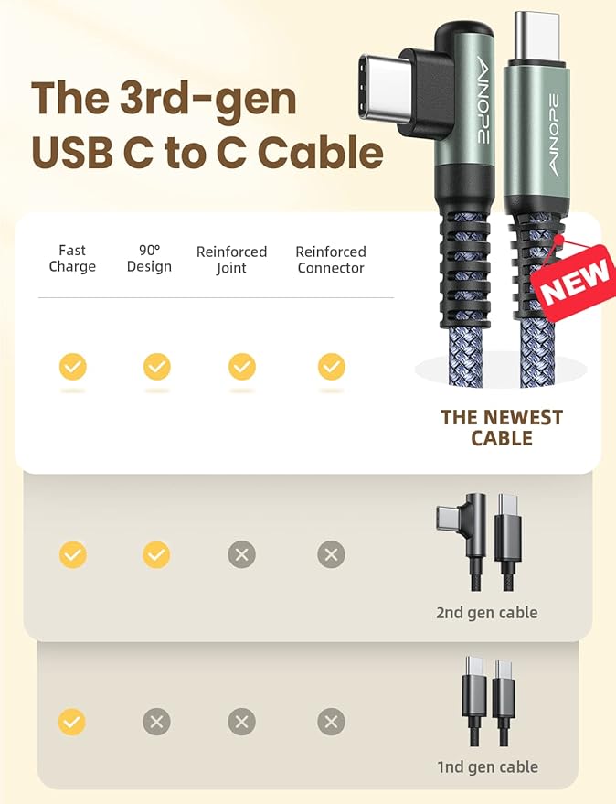 AINOPE USB C Cable to USB C 60W 3-Pack 3.3FT+6.6FT+10FT Nylon Braided Type C Charger Fast Charging Right Angle USBC to USBC Cable Charger Cord for iPhone 16 Pro Max 15 Samsung S25 Ultra S24 iPad Pro