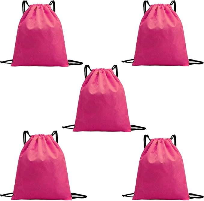 5-Pack Waterproof Drawstring Backpacks, Soccer-Texture Oxford Fabric, 16.9" × 13.8", Lightweight 0.20 lb Each, No Eyelets, Gym & Marathon Gear Sacks(Pink)