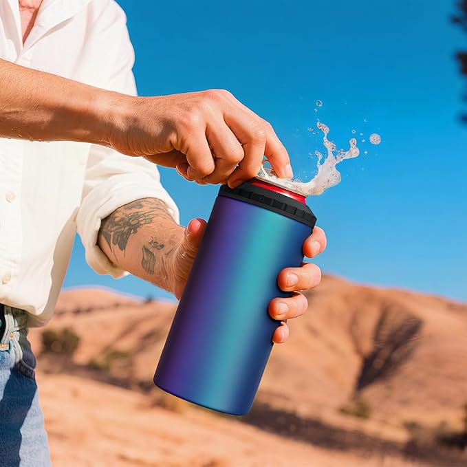 3 in 1 Slim Can Cooler for 12 OZ Skinny Can, Regular Can & Beer Bottle - Keep Cold for 6 Hours - Double Walled Insulated Stainless Steel Vacuum Beverage Insulator (Aurora)