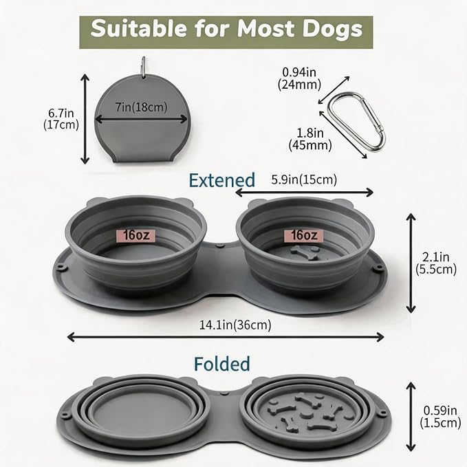 2-in-1 Collapsible Dog Bowl for Travel, Portable Dog Water Bowl with Carabiner Clip, Foldable Silicone Food Dish for Pets Outdoor Hiking Camping Walks (Gray)