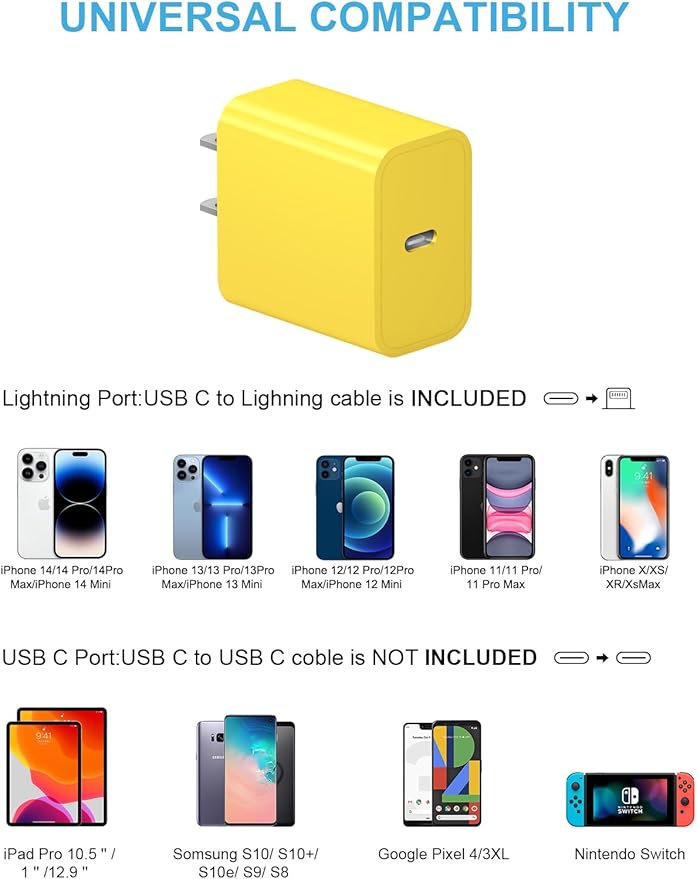 iPhone 14 13 12 Fast Charger 20W PD USB C Wall Charger with 6FT Fast Charging Cable for iPhone 14/14 Pro/14 Pro Max/14 Plus/13/12/11/Pro/Pro Max/Mini/Xs Max/X, iPad - Yellow