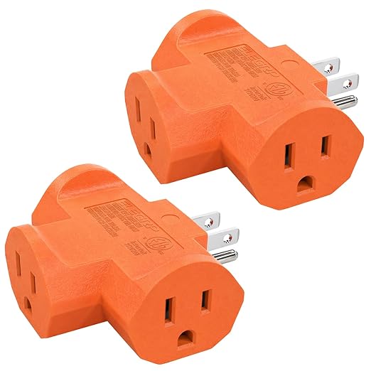ELEGRP 3-Prong Heavy Duty Power Extender to Triple Outlet in T Direction, Multi-Directional Grounded Wall Tap Outlet Extender with 3 Prong Plug-in, 15-Amp, 125-Volt, ETL Listed, 2 Pack, Orange
