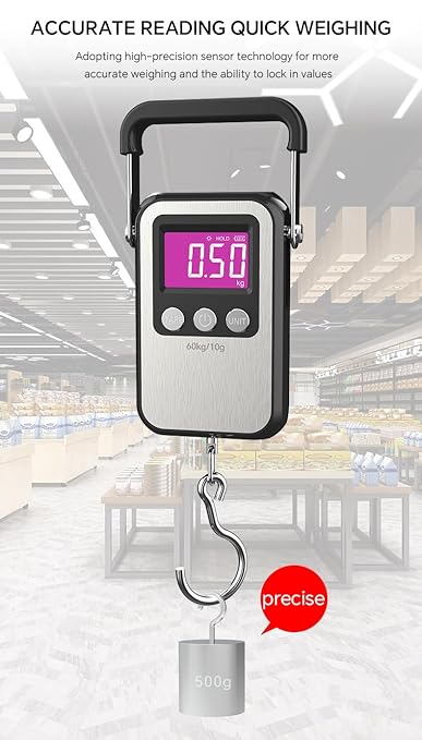 Luggage Scales 132lb Portable Digital Hanging 60kg Fishing Scale, 2 AAA Batteries (Not Included)