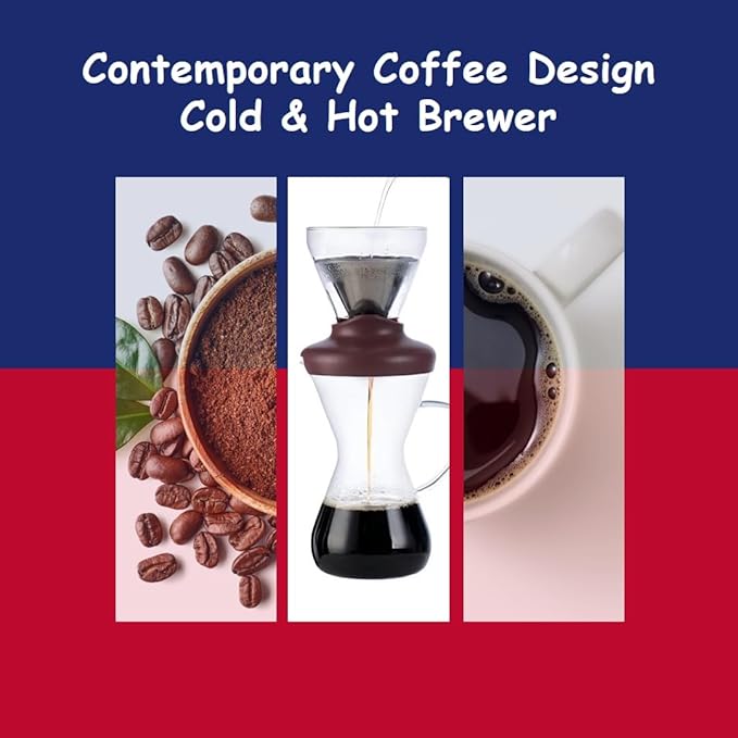 Blue Horizon Hot & Iced Coffee Maker 14oz – Pour Over Coffee Dripper with Temperature Resistant Glass Carafe & Stainless Steel Reusable Filter, Single Serve Cold Coffee & Hot Tea Brewer