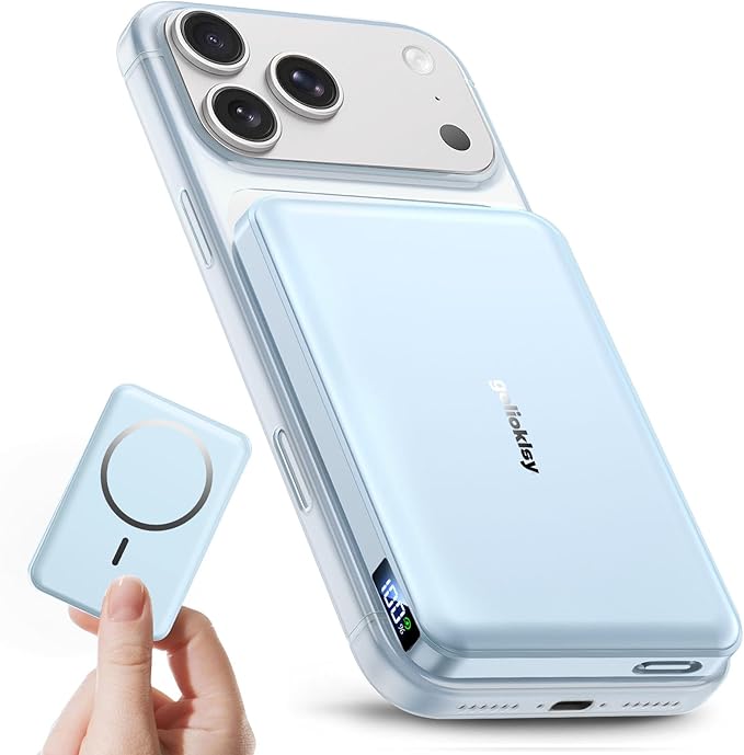 golioklsy for Magsafe Portable Charger,10000mAh Power Bank with Type-C 20W PD Fast Charging, Lightweight and Slim, LED Display for Magsafe Battery Pack for iPhone 17/16/15/14 All Series, Blue