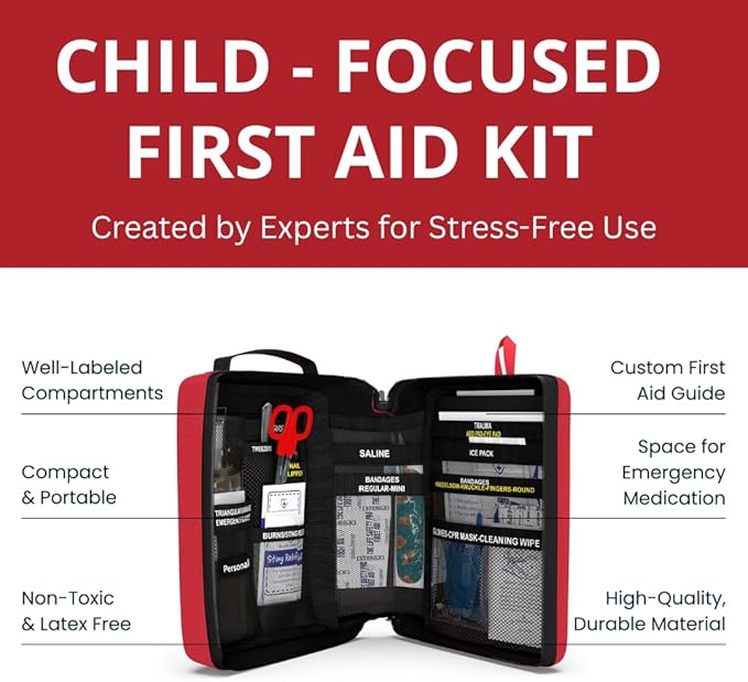 Portable First Aid Kit for Kids with CPR Shield - Ideal for Home, Car, School, Camping, and as a Travel First aid kit. Latex-Free Bandages – Children First Aid Guide by The Life Safety Pro