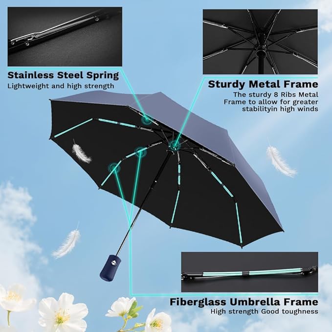 YINBAOGE Compact Travel Umbrella, Automatic Folding Windproof 8 Ribs, Lightweight Small Portable Parasol for Rain & Sun with UV Protection, Fits Car, Backpack, Purse, Men & Women