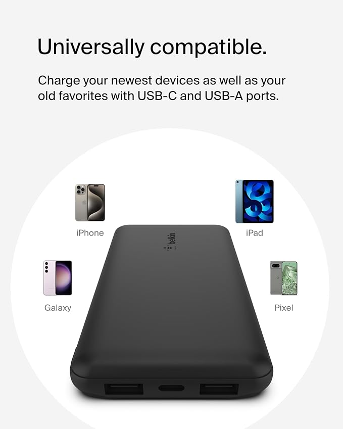 Belkin Portable Charger - 15W 3 Port Power Bank Battery Pack with 10000mAh Battery - Fast Charging for iPhone, Samsung Phone, More - USB C to A Cable Included