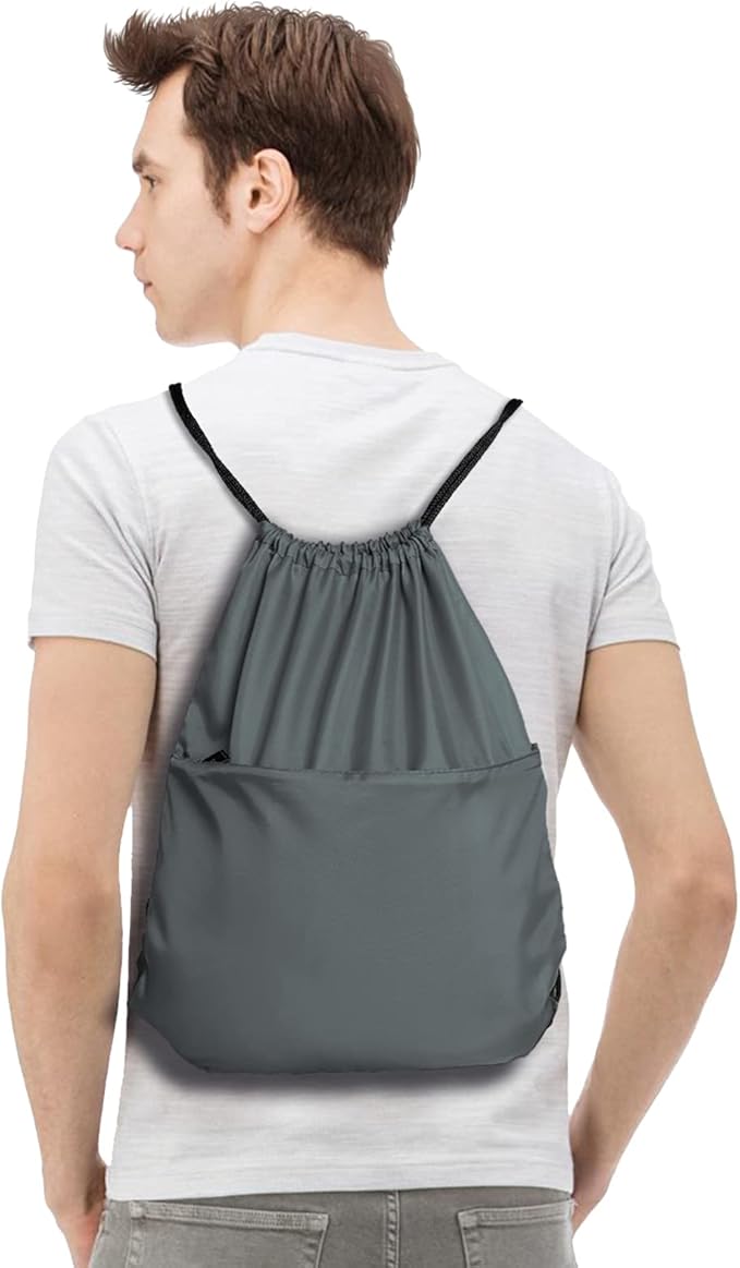Drawstring Backpack Sports Water Resistant String Bag Sport Gym Sackpack for Women Men Large with Zipper, Grey