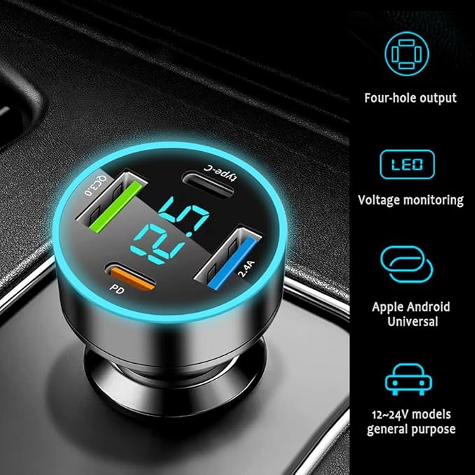 4 Ports Fast Car Charger,[Upgrade Voltmeter Display] PD+QC3.0+USB C Car Charger for 12-24V Cigarette Lighter Plug,Car Phone Charger Compatible with iPhone/Android/Samsung/iPad (QC3.0+Type-C+PD+2.4A)