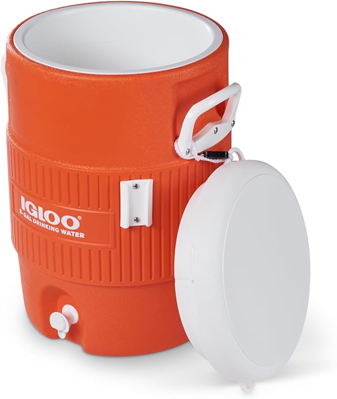 Igloo 5 Gallon Portable Sports Cooler Water Beverage Dispenser with Flat Seat Lid, Insulated Beverage Dispenser, Orange/White