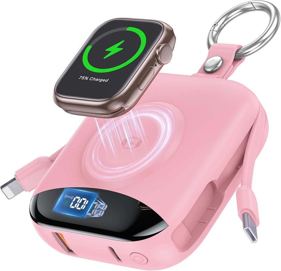 Portable Charger, 10000mAh 22.5W Fast Charging Power Bank with Built-in Cables, Travel Essentials Battery Pack with LED Display for iPhone, Portable iWatch Charger for 11/10/9/8/7/6/5/4/SE/Ultra Pink