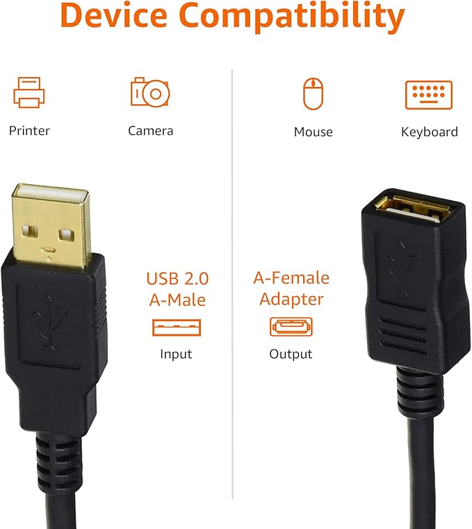 Amazon Basics USB-A 2.0 Extension Cable, Male to Female, 480Mbps Transfer Speed, 6.5 Foot, Black