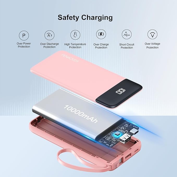 Portable Charger Built-in Cables,10000mAh Power Bank for iPhone,Fast Charge USB C Battery Pack Travel Essentials Slim Lightweight Powerbank Compatible with iPhone 17/16/15/14, Samsung, Android, etc