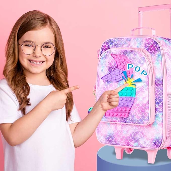 Kids Luggage for Girls, Cute Mermaid Suitcase Rolling with Wheels, Travel Carry on for Children Toddler Elementary - Pink