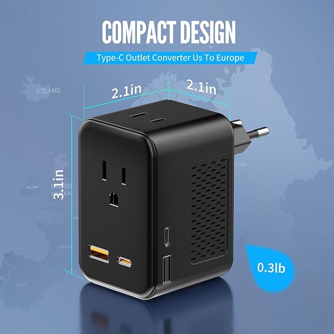 220V to 110V Voltage Converter US to Europe, Travel Adapter Plug Converter for European with 20W PD & 2USB-A & 2USB-C, European Power Converter Combo USA to Spain Italy France, Black